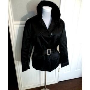 Barneys New York Black Trench Jacket Womens Medium Faux Fur Collar/ Lining